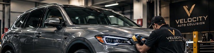 Technician detailing a finished SUV in the shop