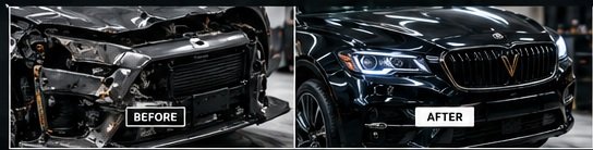 Illustration showing a damaged front end beside a finished, repaired car