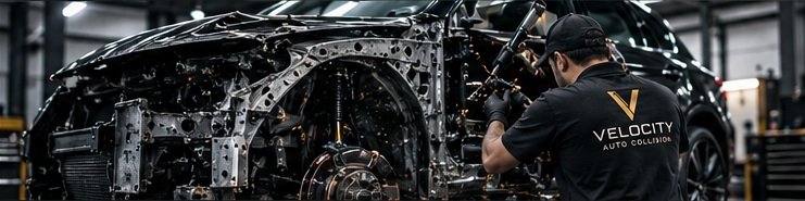 Technician repairing a stripped vehicle body in the collision bay
